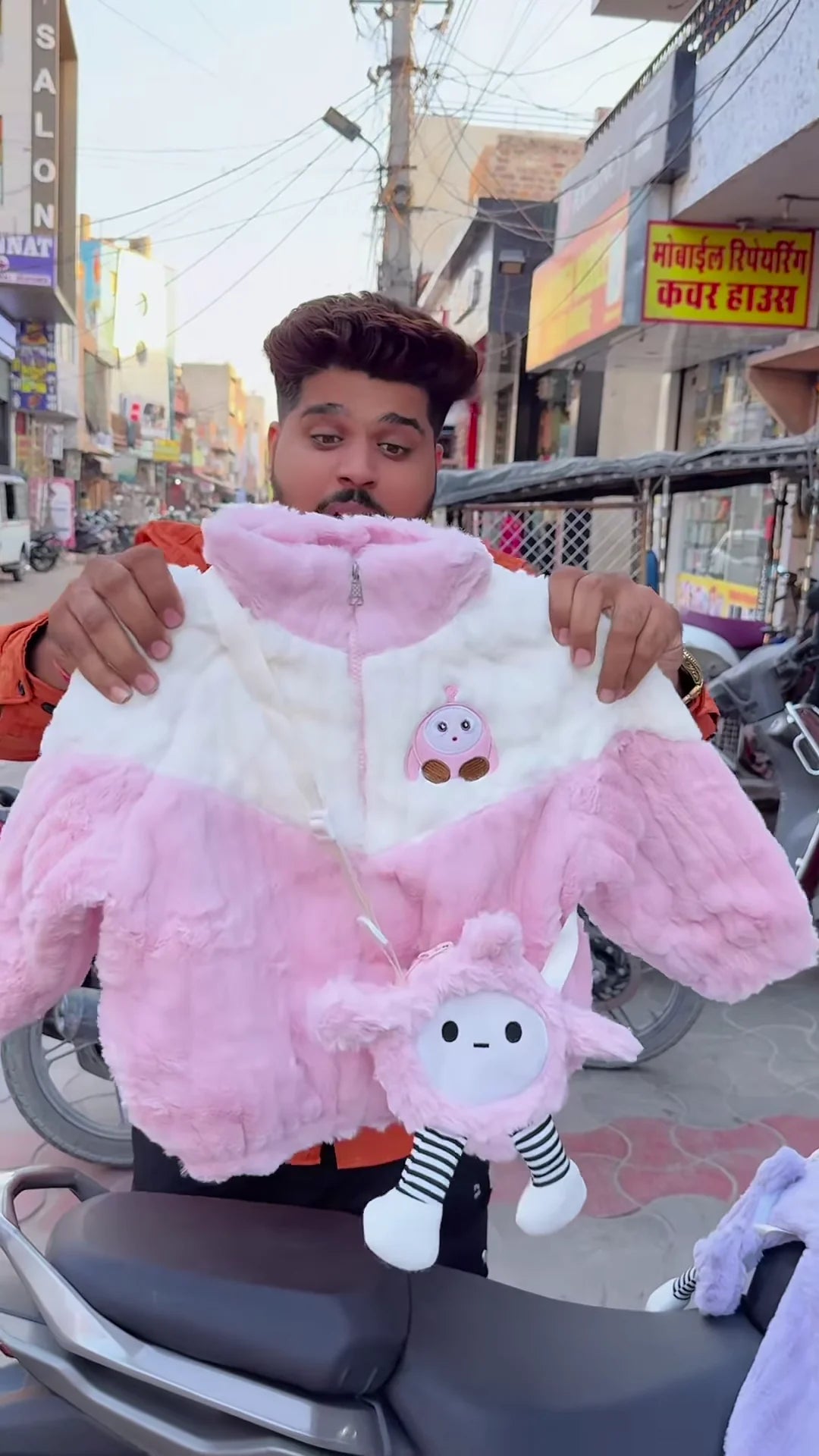 Kids’ Winter Jackets  With Plush Texture & Toy Accents – Purple, White & Pink Variants