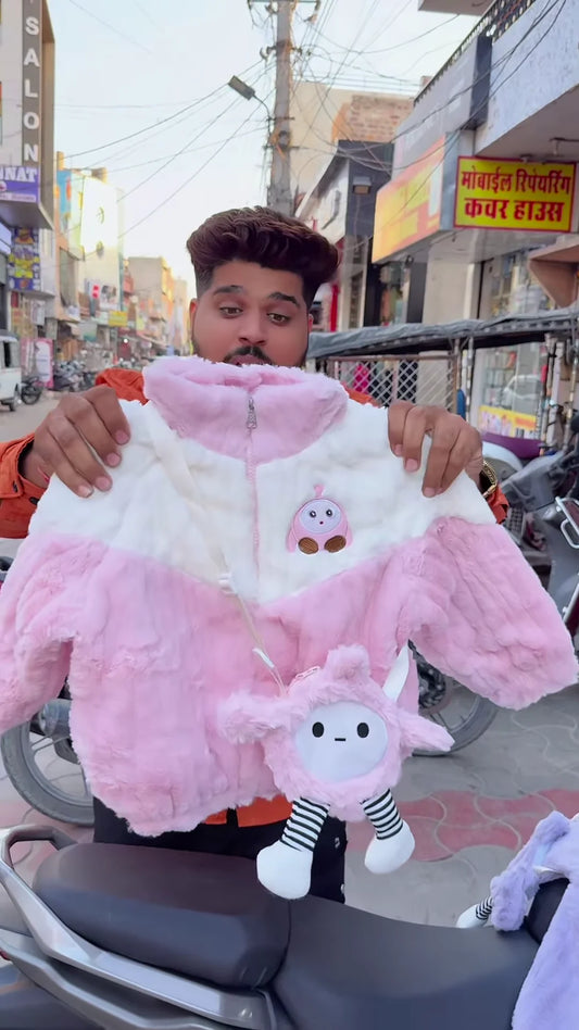 Kids’ Winter Jackets  With Plush Texture & Toy Accents – Purple, White & Pink Variants