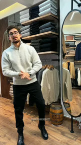 Zip-Up Knit Sweater – Soft Grey Layer with Black Pants Styling in Store Visual