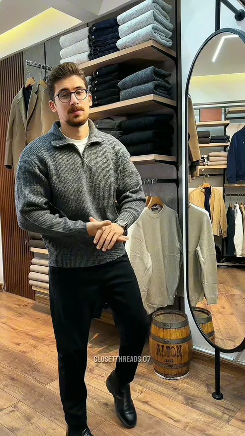 Zip-Up Knit Sweater – Soft Grey Layer with Black Pants Styling in Store Visual