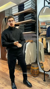 Zip-Up Knit Sweater – Soft Grey Layer with Black Pants Styling in Store Visual