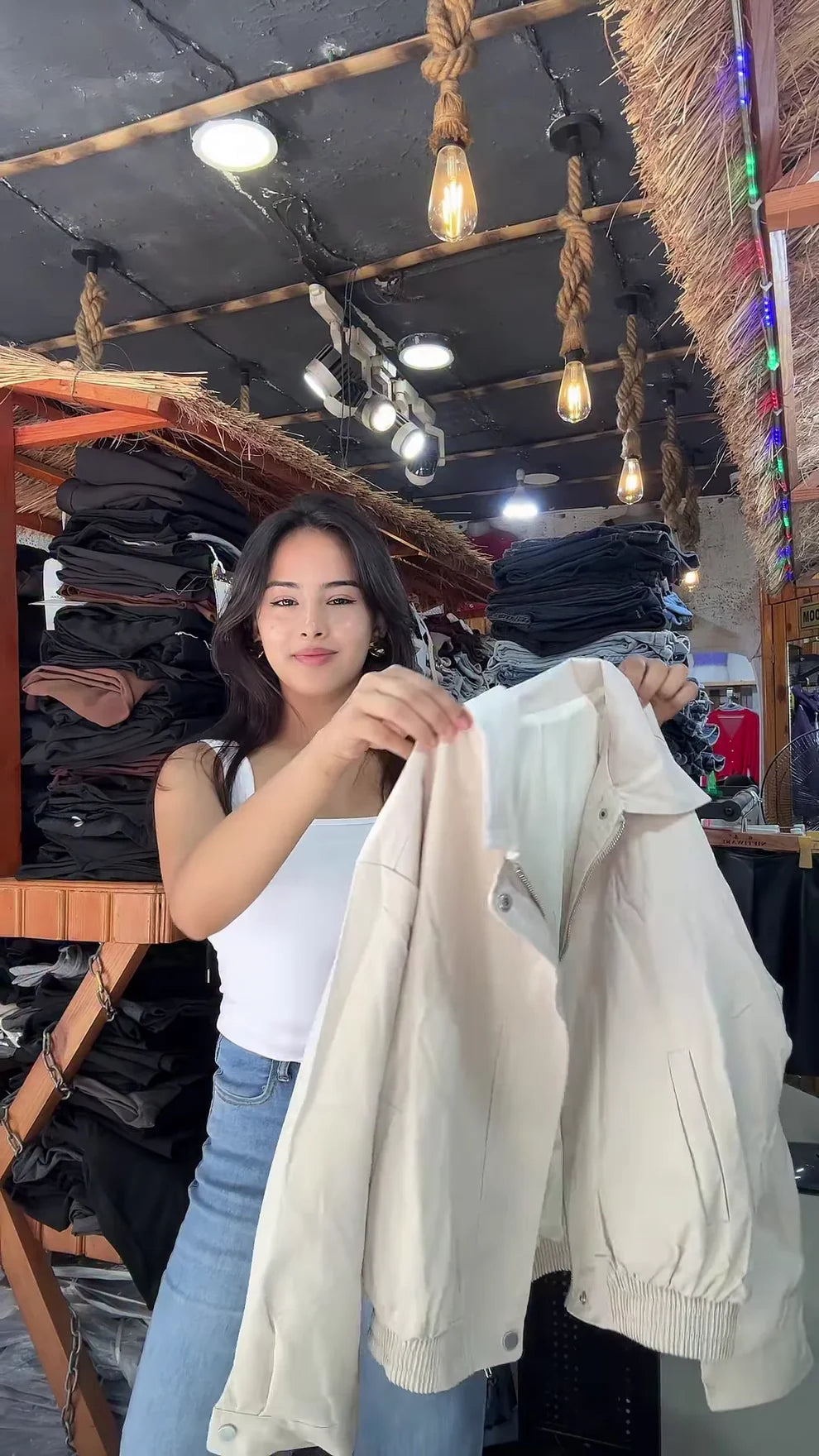 Women’s Zip-Up Casual Jackets  Black, Beige & Light Beige Variants Styled in Store Setting