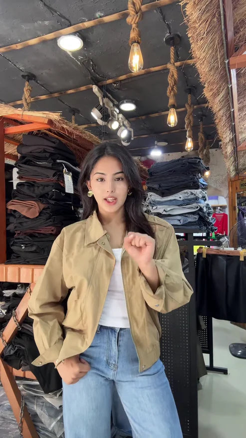 Women’s Zip-Up Casual Jackets  Black, Beige & Light Beige Variants Styled in Store Setting