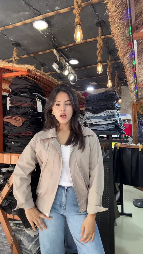 Women’s Zip-Up Casual Jackets  Black, Beige & Light Beige Variants Styled in Store Setting