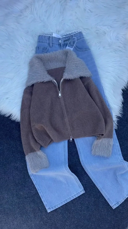 Womens Teddy Cropped Faux Fur Jacket Furry Lapel Coat Zip Up with Pockets Warm Winter