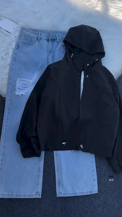 Women’s Crop Windcheater Jacket – Lightweight, Water-Resistant, Hooded Windbreaker for Running, Hiking, Festival, Athleisure