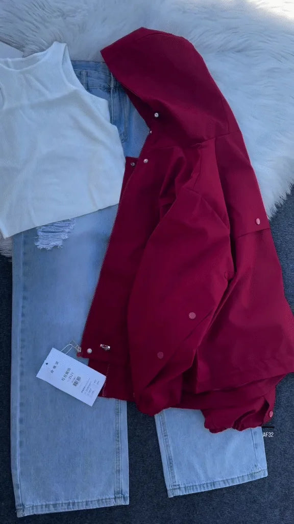 Women’s Crop Windcheater Jacket – Lightweight, Water-Resistant, Hooded Windbreaker for Running, Hiking, Festival, Athleisure