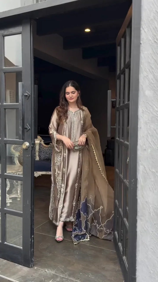 A Modern Take on Traditional Elegance: Intricate Beading on a Lustrous Muted Tonal Kurta