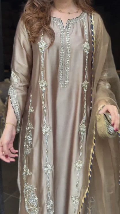 A Modern Take on Traditional Elegance: Intricate Beading on a Lustrous Muted Tonal Kurta