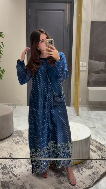 A-line maxi dress or kurti in a rich, midnight or royal blue color.