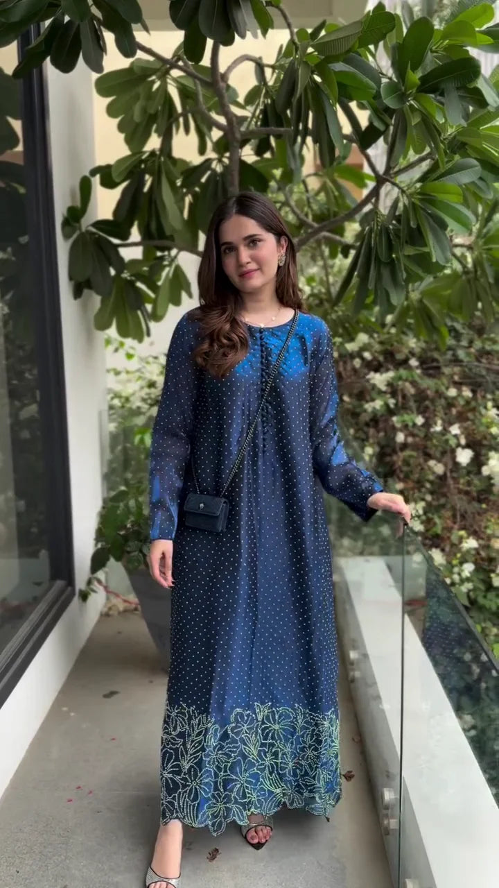 A-line maxi dress or kurti in a rich, midnight or royal blue color.