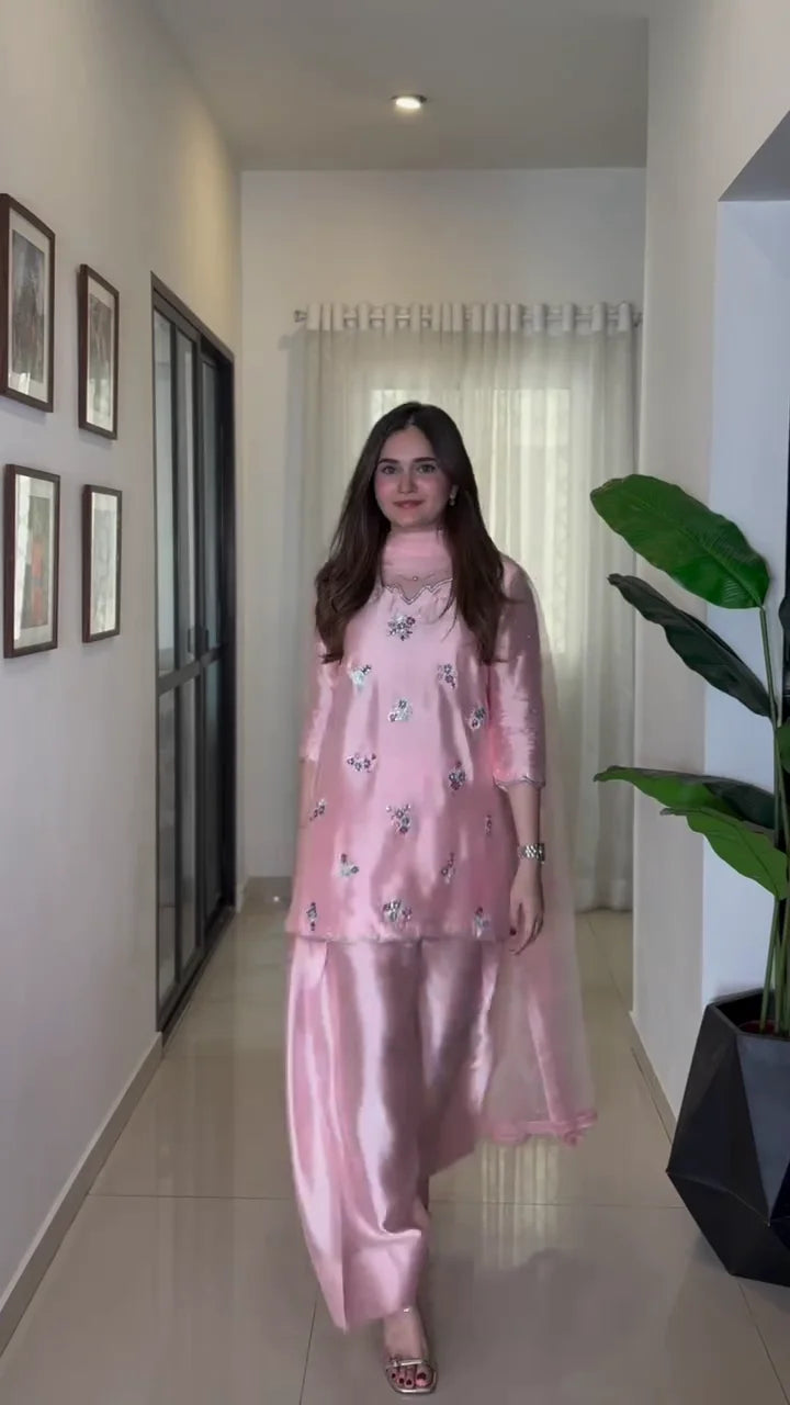 Shimmering Petal Pink: Satin and Floral Embroider Dress