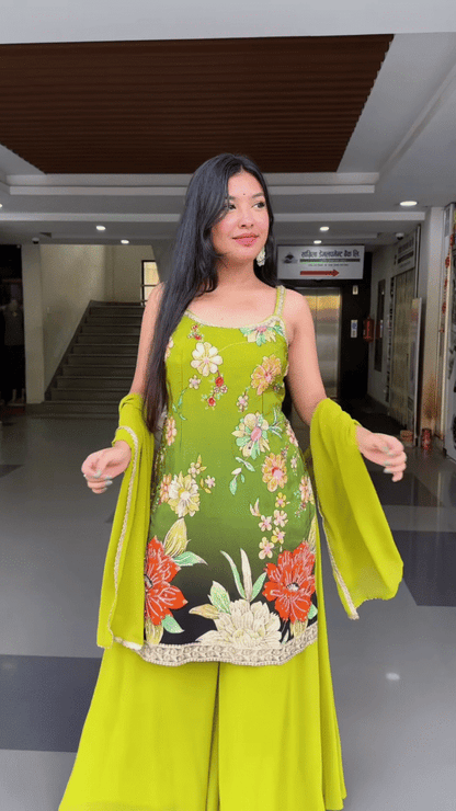 Lime Green Floral Embroidered Suit Set with Dupatta – Vibrant Traditional Ensemble for Women