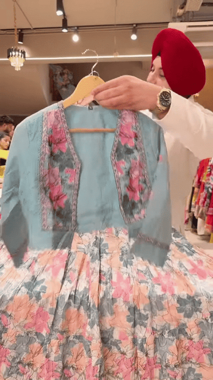 Floral Printed Dress with Embroidered Blue Jacket – Elegant Indo-Western Set for Women