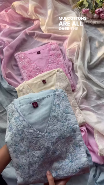 Mulcotton V-Neck Kurta Trio with Floral Embroidery – Soft Fabric Ethnicwear for Women