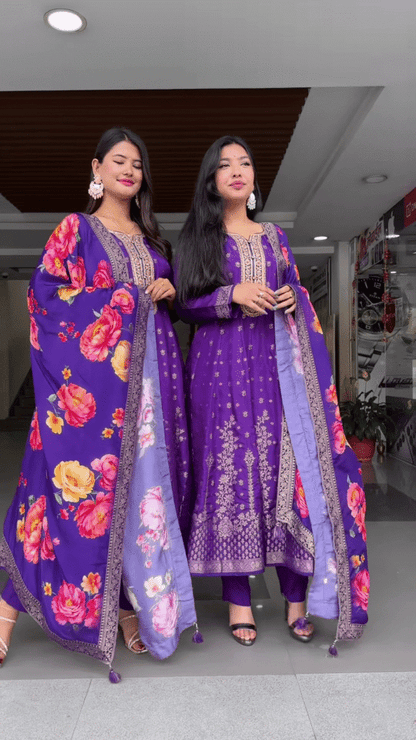 Purple Embroidered Suit Set with Floral Dupatta – Regal Ethnicwear for Women