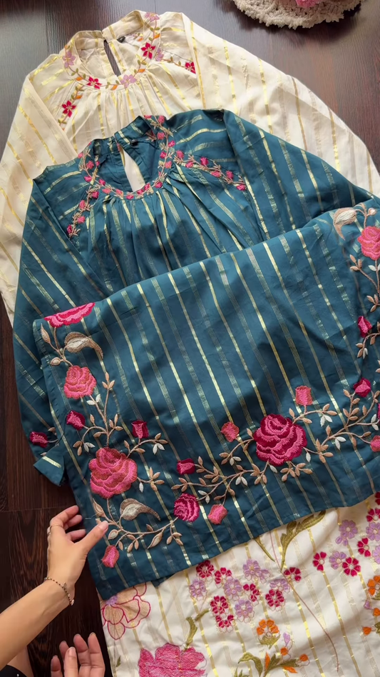 Embroidered Kurta Trio with Gold Stripes – Floral Neckline Ethnicwear in Green, Blue & White