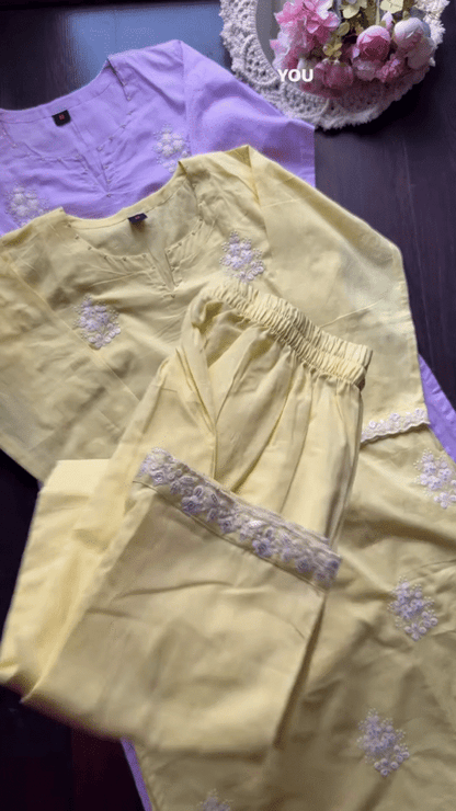 Pastel Embroidered Mulcotton Kurtas – Floral Ethnicwear in Yellow, Lavender & Light Green