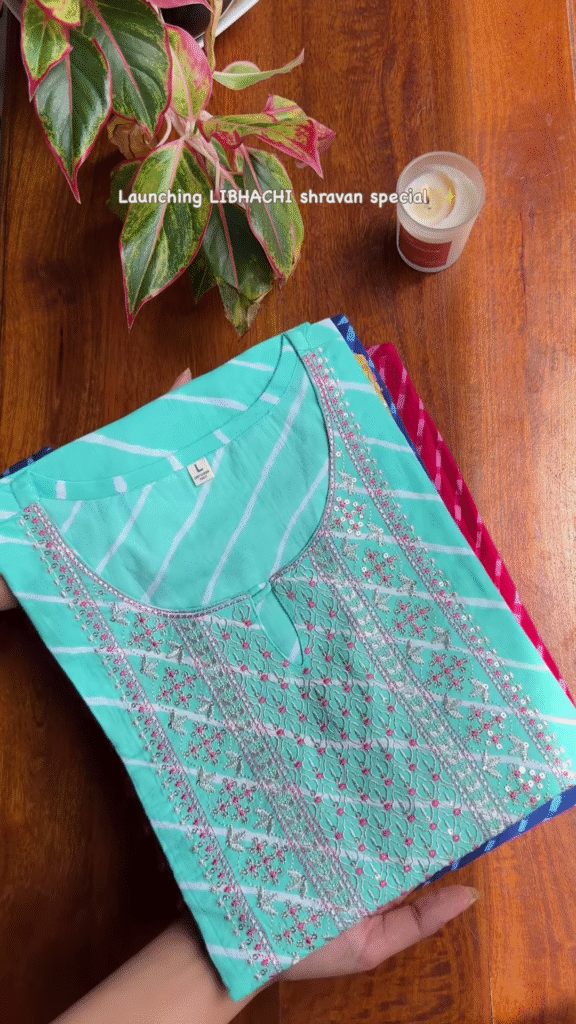 Turquoise Embroidered Kurta with Silver & Pink Detailing – Shravan Special Ethnicwear