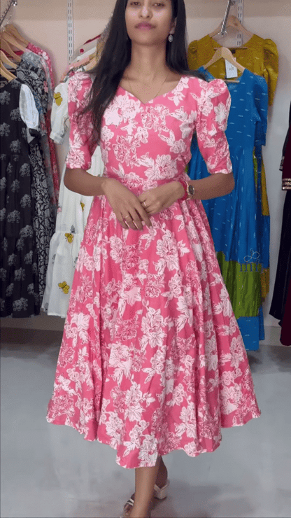 Beige Floral Fit & Flare Midi Dress – Elegant Casualwear for Women