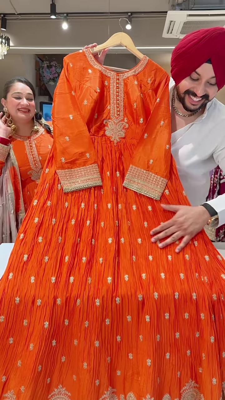 Vibrant Orange Embroidered Anarkali with Gold Motifs – Festive Ethnicwear for Women