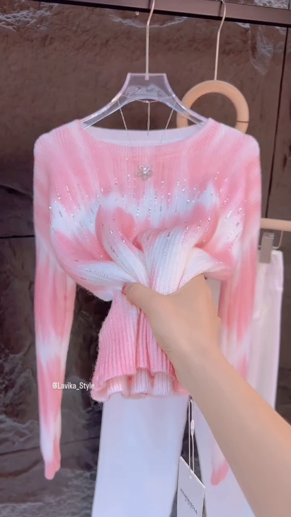 Pink & White Gradient Embellished Sweater – Soft Knit Casualwear for Women