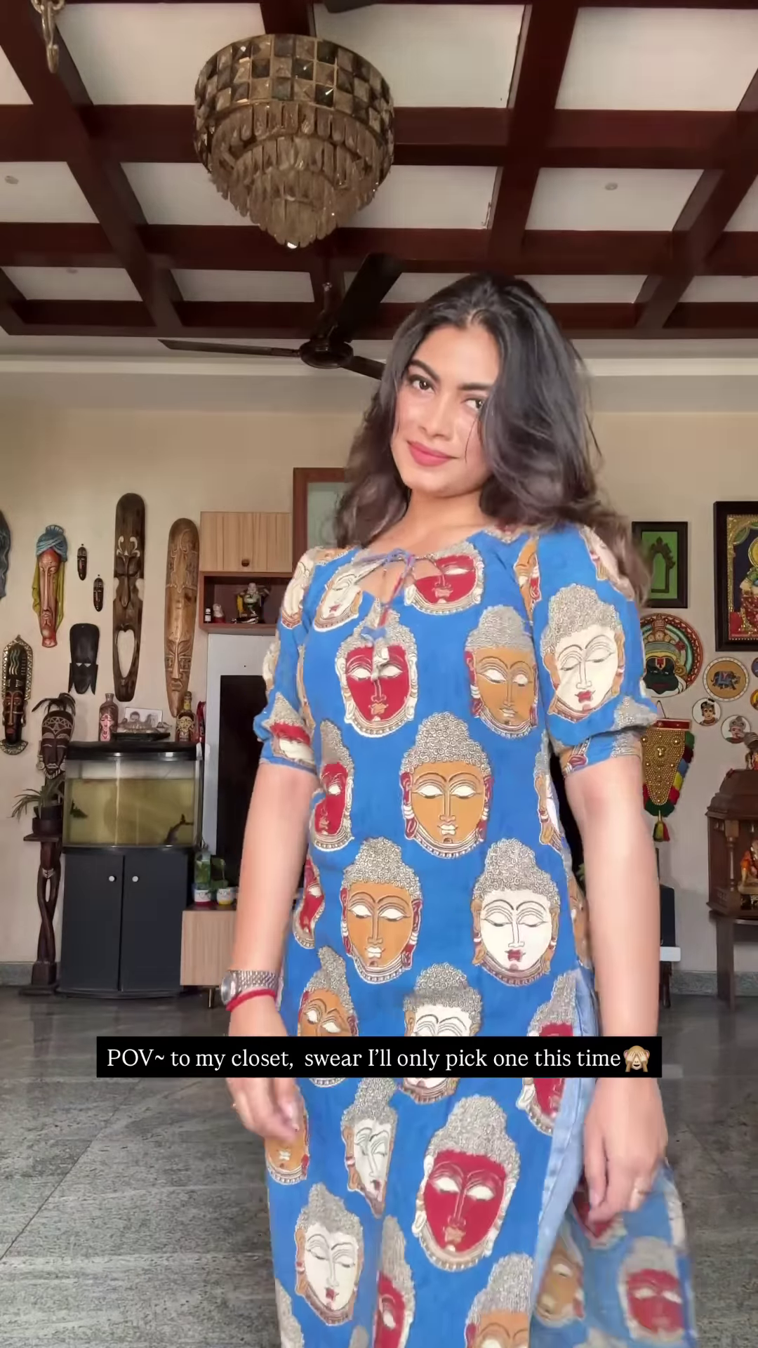 Blue Buddha Print Dress – Artistic Statementwear for Women