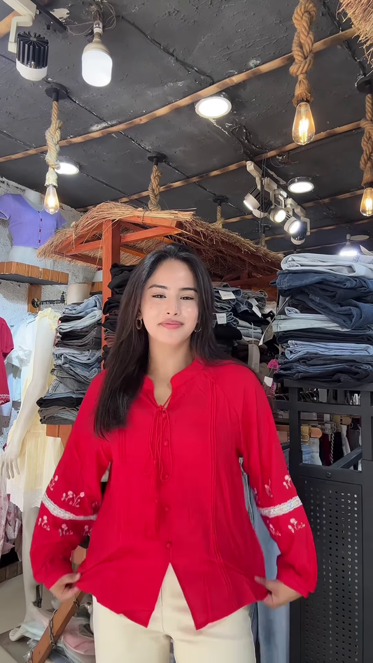 Light Embroidered Blouse with Tassel Sleeves – Casual Chic Top for Women