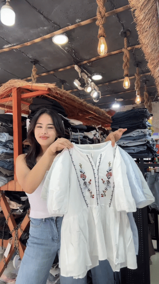 White Floral Embroidered Blouse with Light Blue Jeans – Casual Boutique Look for Women