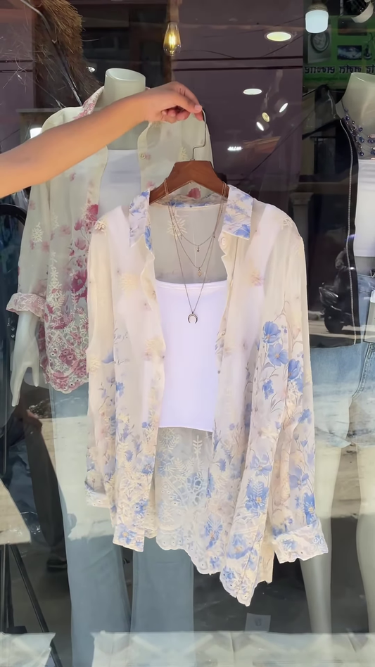 Sheer Floral Lace Blouse in Pink & White – Layered Casualwear for Women