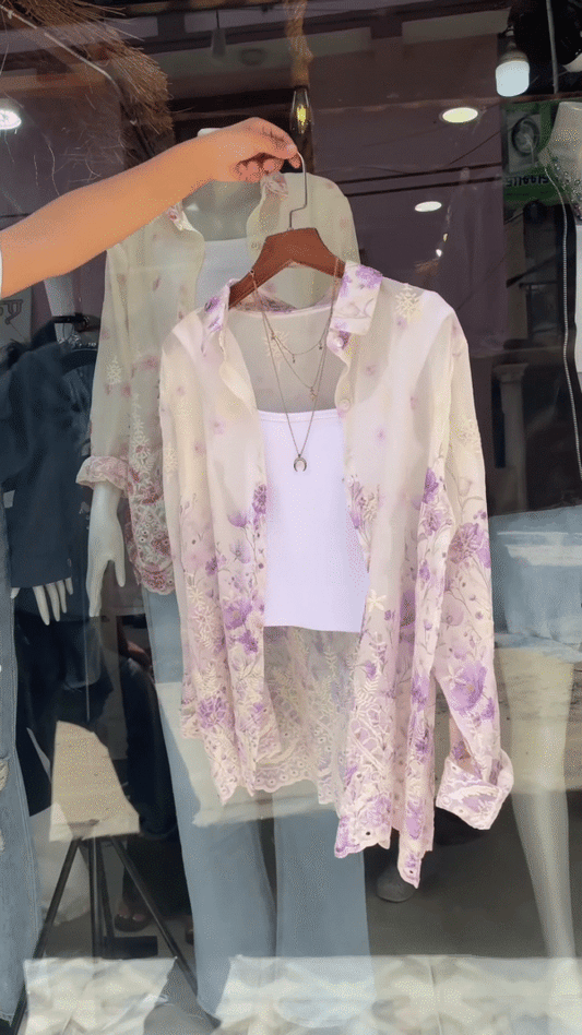 Sheer Floral Lace Blouse in Pink & White – Layered Casualwear for Women