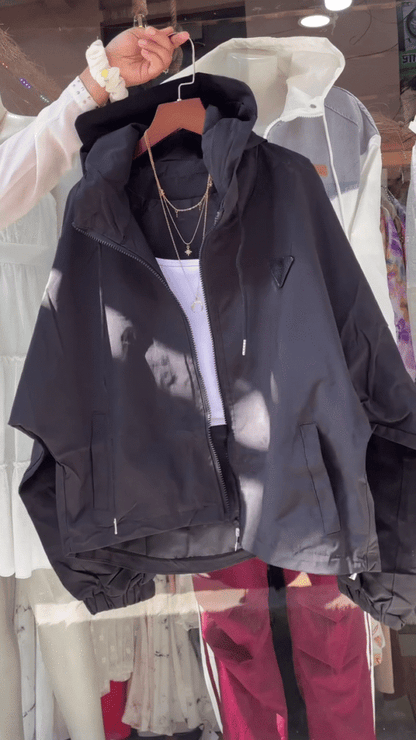 Beige Hooded Jacket with White Tank Top – Layered Casualwear for Women