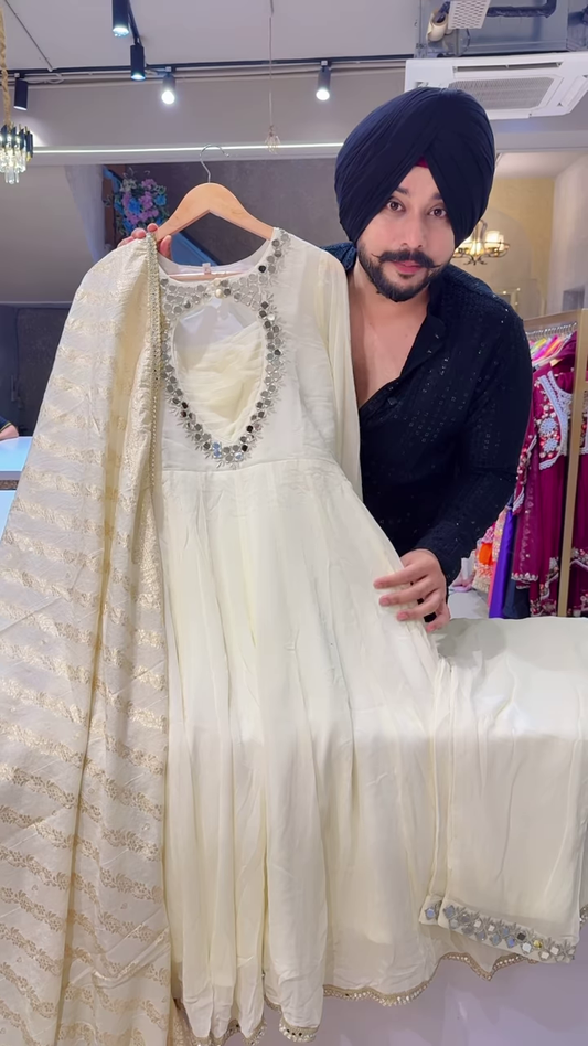White Mirror Work Anarkali Suit with Gold-Embroidered Dupatta – Elegant Festivewear for Women