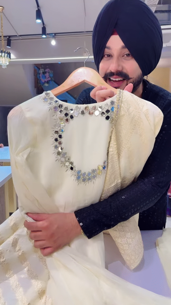 White Mirror Work Anarkali Suit with Gold-Embroidered Dupatta – Elegant Festivewear for Women