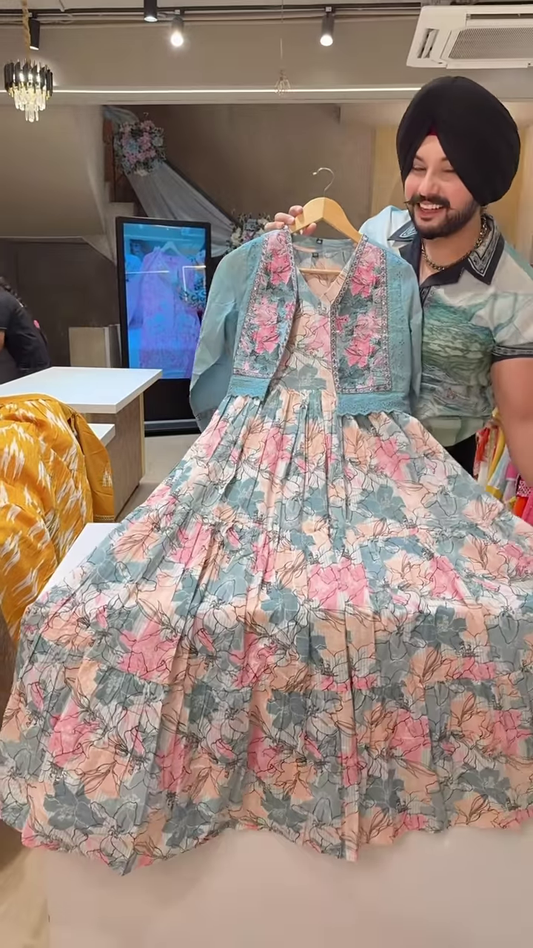 Floral Printed Light Base Dress with Matching Blue Embroidered Jacket for Women