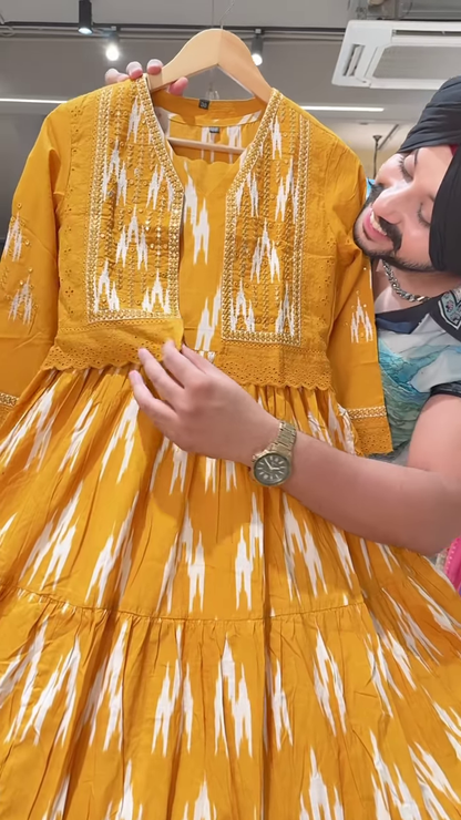 Floral Printed Light Base Dress with Matching Blue Embroidered Jacket for Women