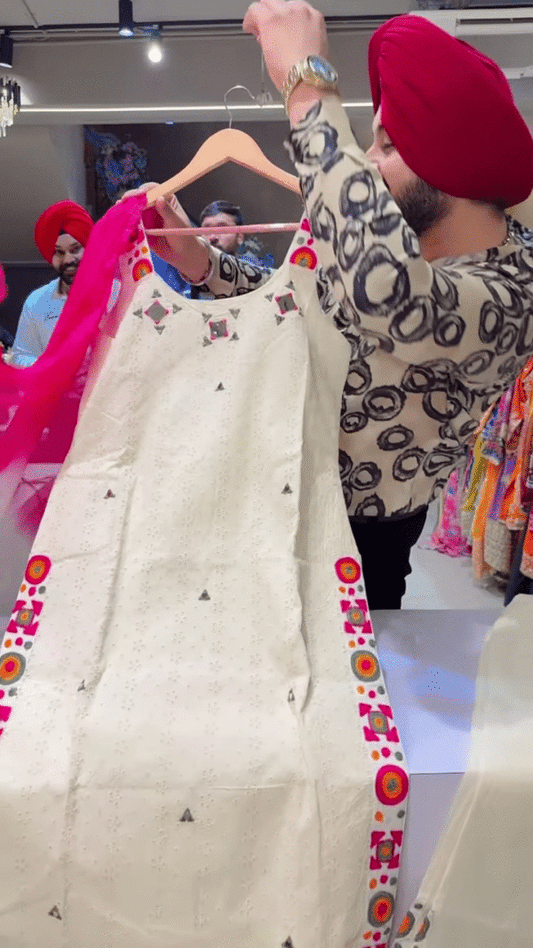 Cream Floral Embroidered Long Dress with Purple Lace Cuffs and Brown Bottoms