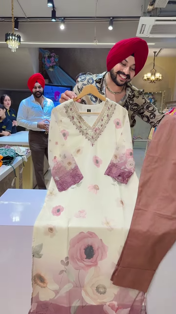 Cream Floral Embroidered Long Dress with Purple Lace Cuffs and Brown Bottoms