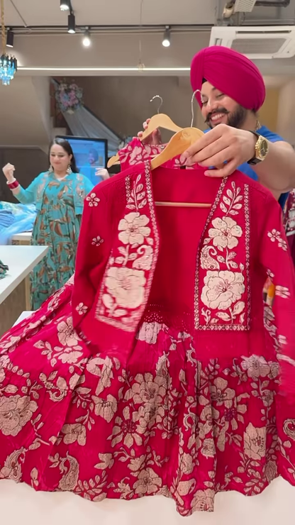 Bright Red Traditional Lehenga-Style Dress with White Floral Embroidery and Matching Jacket