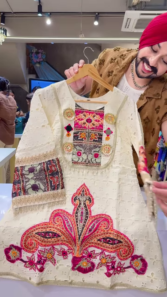 White Traditional Embroidered Kurta with Multicolor Floral and Geometric Motifs