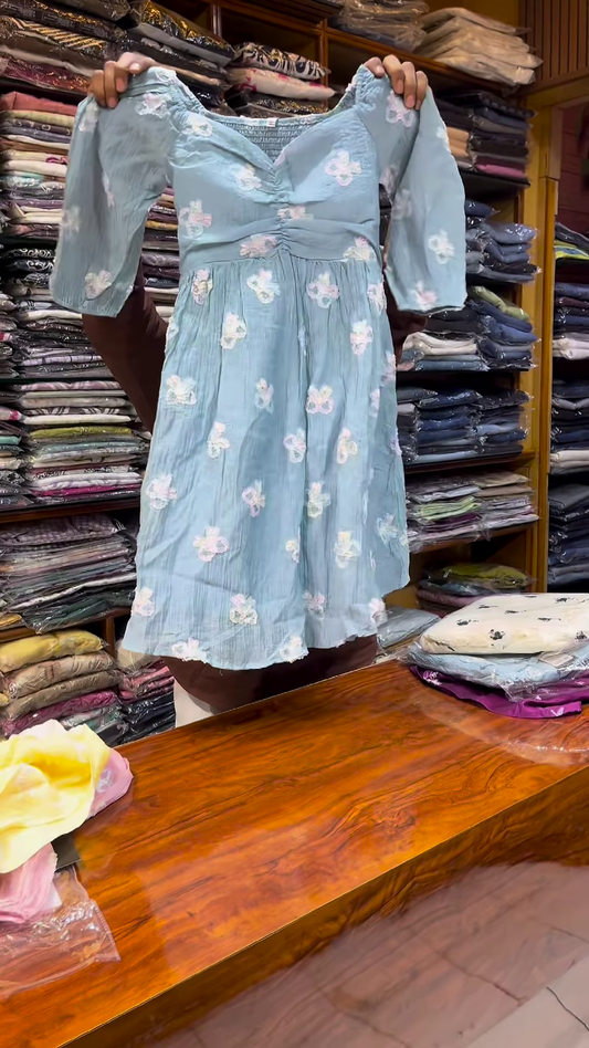 Light Blue Floral Printed Long-Sleeve Dress with Gathered Bodice for Women
