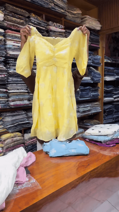 Light Blue Floral Printed Long-Sleeve Dress with Gathered Bodice for Women