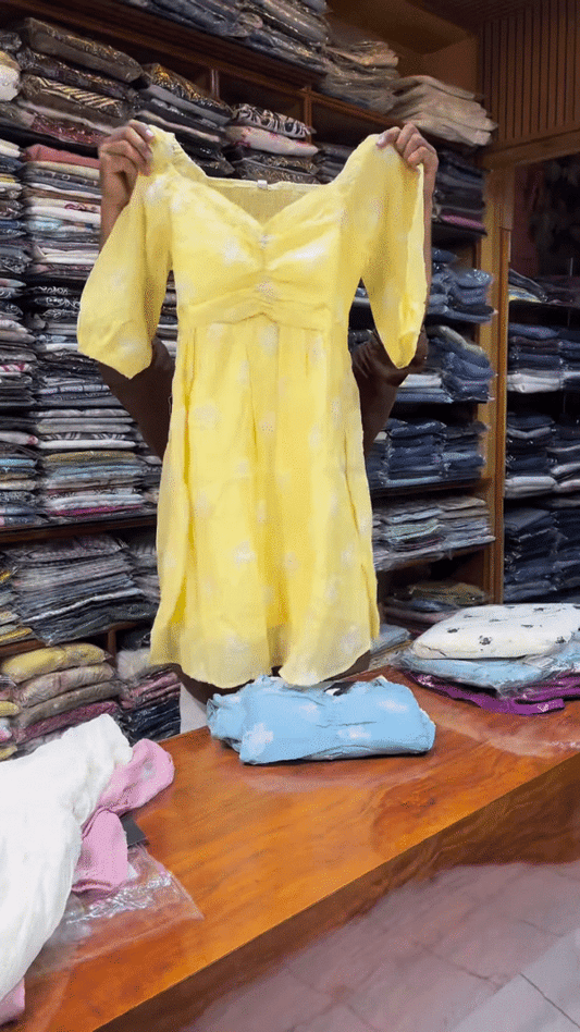 Light Blue Floral Printed Long-Sleeve Dress with Gathered Bodice for Women