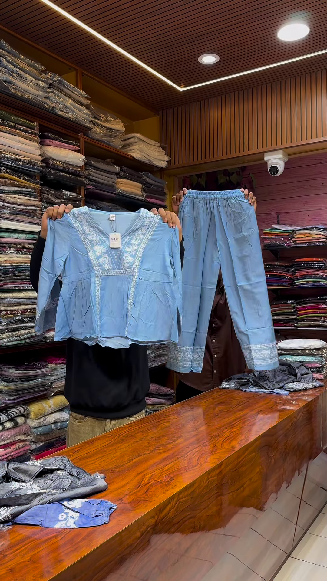 Blue Embroidered Long-Sleeve Top and Matching Pants Set with White Threadwork