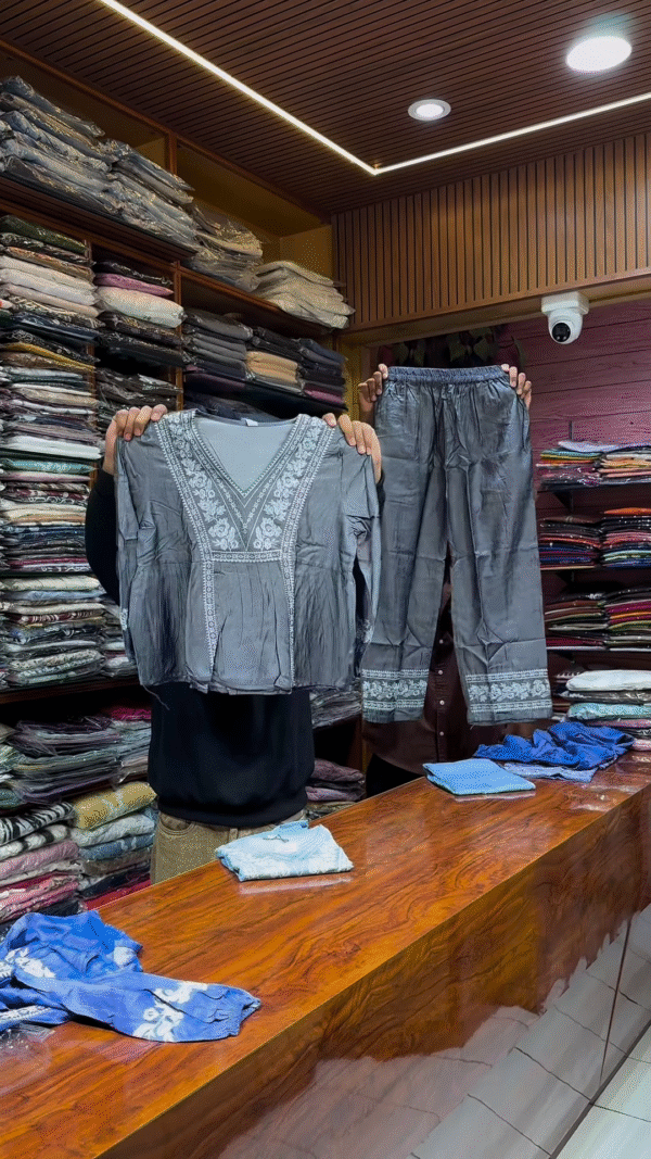 Blue Embroidered Long-Sleeve Top and Matching Pants Set with White Threadwork