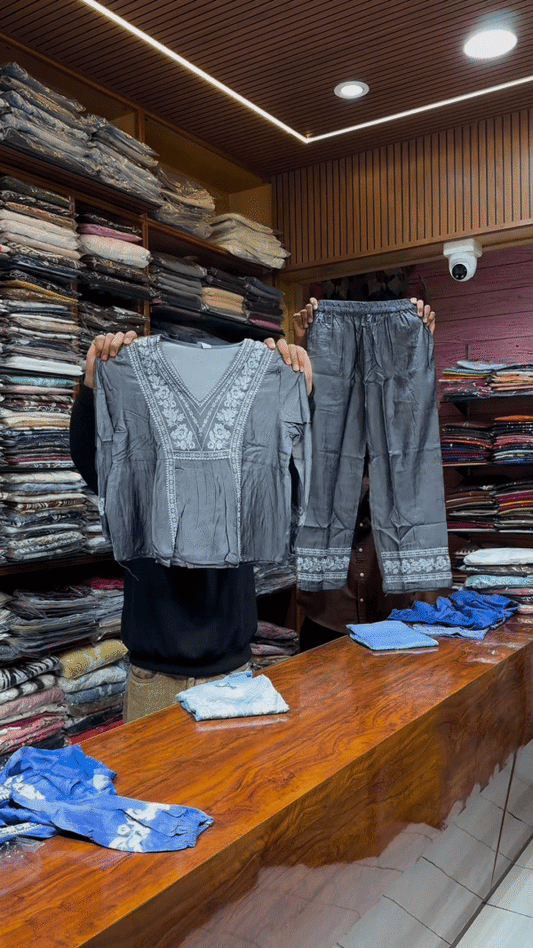 Blue Embroidered Long-Sleeve Top and Matching Pants Set with White Threadwork