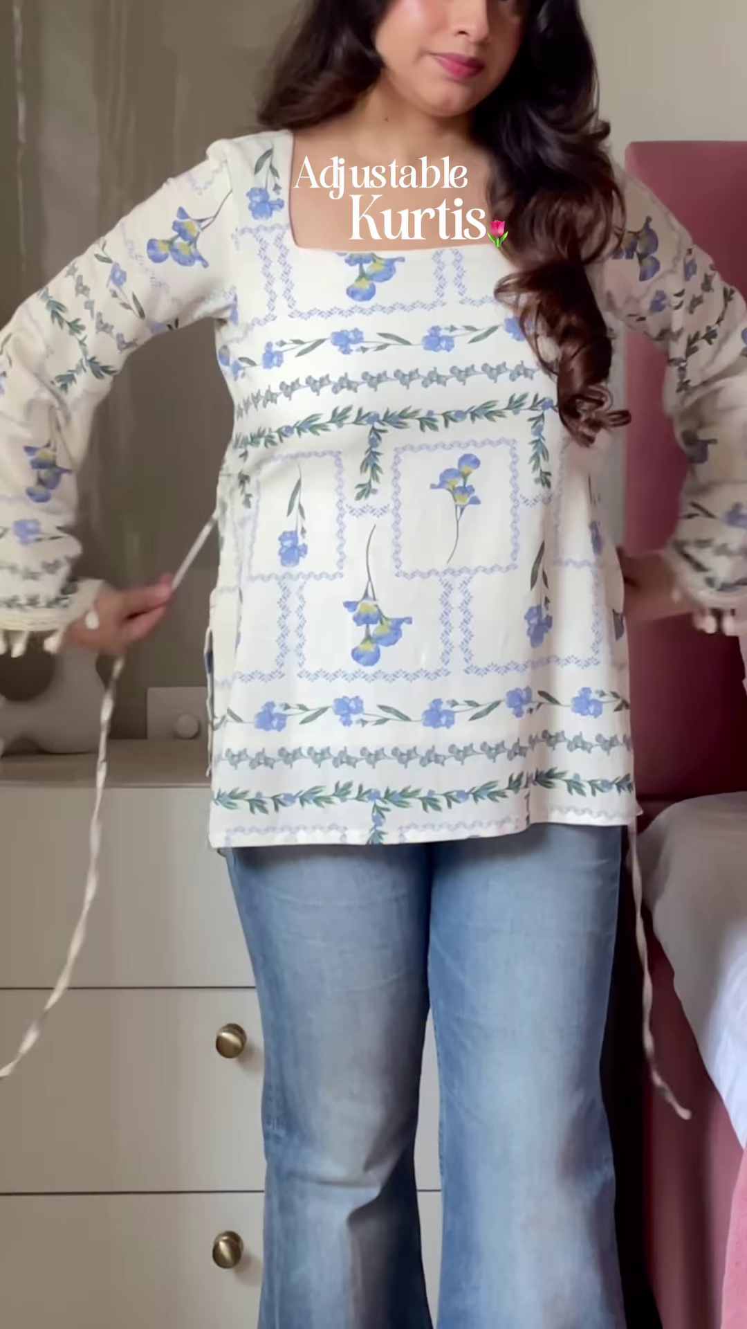 Pink Floral Printed Top with Light Blue Jeans – Casual Ethnic Fusion Wear for Women