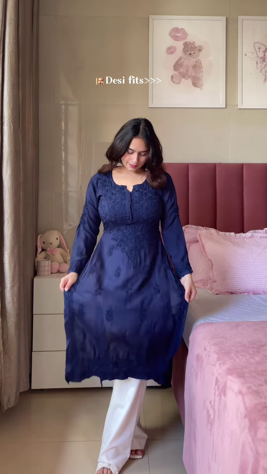 Dark Blue Embroidered Kurta with White Pants – Elegant Desi Outfit for Women