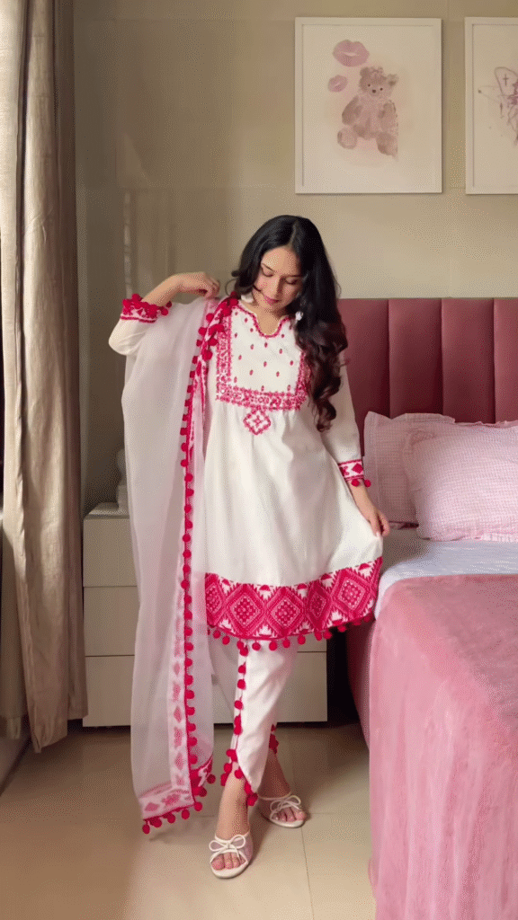 Blue Floral Kurta Set with Pom-Pom Dupatta – Ethnic Casualwear for Women