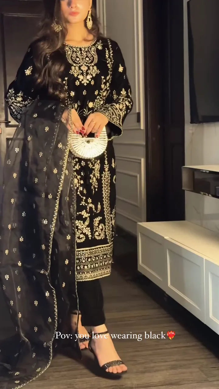 Black Velvet Opulence: Golden Zari Embroidery and Sheer Sparkle Dress